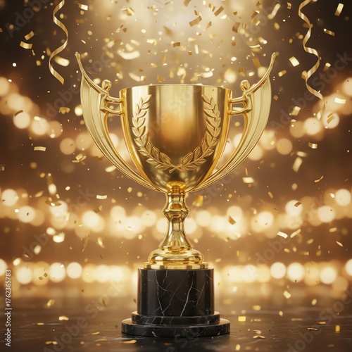 Luxury gold cup and falling confetti focus.