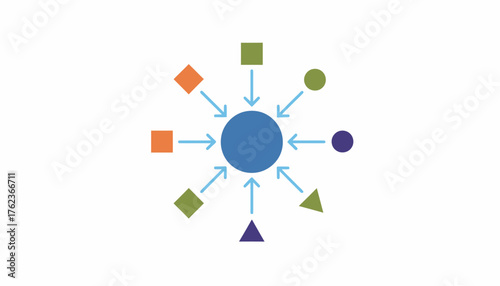 Diverse shapes and arrows converge toward a central blue circle on a white background, symbolizing data consolidation, integration, focus and centralized network flow for business