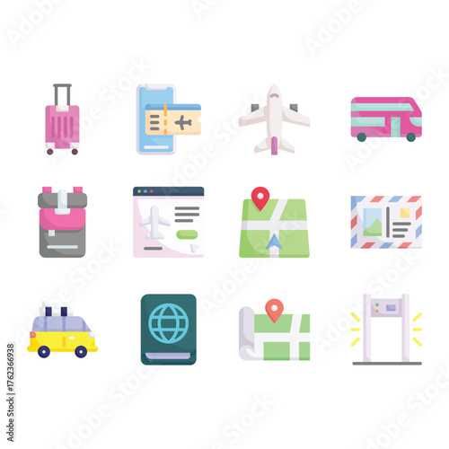 Travel and Transportation Icon Set Featuring Luggage, Tickets, Vehicles, and Maps