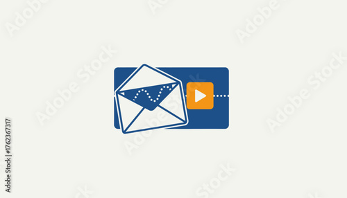 White envelope with a dotted line connecting to a blue box displaying a video player icon, representing concepts of email marketing, digital communication, and engaging multimedia content