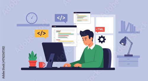 Vector art of a web developer coding at a computer in a modern workspace, representing software development, programming, and digital technology innovation in web design and coding education