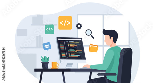 Vector art of a web developer coding at a computer in a modern workspace, representing software development, programming, and digital technology innovation in web design and coding education