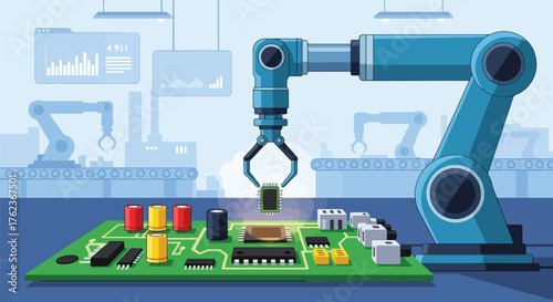 Vector art of a robotic arm assembling a microchip on a circuit board in a smart factory, representing automation, robotics, and advanced manufacturing technology in modern industry