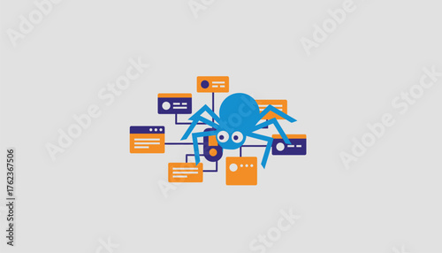 Web crawler spider icon illustrating data indexing and network mapping across multiple connected website pages, representing search engine optimization processes