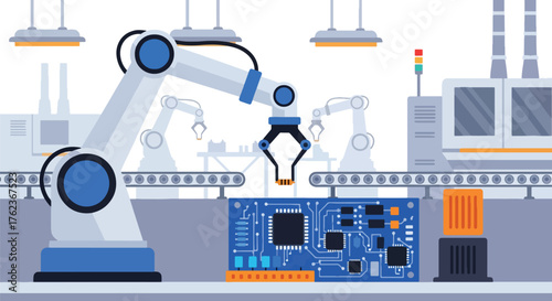 Vector art of a robotic arm assembling a microchip on a circuit board in a smart factory, representing automation, robotics, and advanced manufacturing technology in modern industry