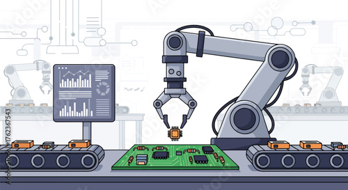 Vector art of a robotic arm assembling a microchip on a circuit board in a smart factory, representing automation, robotics, and advanced manufacturing technology in modern industry