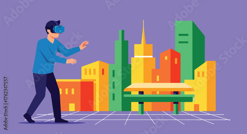 Vector art of a person using virtual reality goggles in a futuristic digital city, symbolizing innovation, immersive technology, and the future of virtual experiences and metaverse exploration