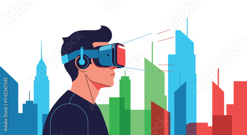 Vector art of a person using virtual reality goggles in a futuristic digital city, symbolizing innovation, immersive technology, and the future of virtual experiences and metaverse exploration