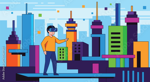 Vector art of a person using virtual reality goggles in a futuristic digital city, symbolizing innovation, immersive technology, and the future of virtual experiences and metaverse exploration