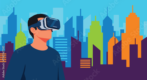Vector art of a person using virtual reality goggles in a futuristic digital city, symbolizing innovation, immersive technology, and the future of virtual experiences and metaverse exploration