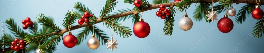 Fototapeta premium Pine branch adorned with festive Christmas ornaments, sparkling baubles hanging, festive holiday decor, New Year, tradition