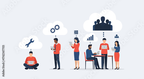 Vector art of office workers using cloud technology for teamwork and data sharing, symbolizing digital collaboration, online productivity, and modern business communication in a connected workspace