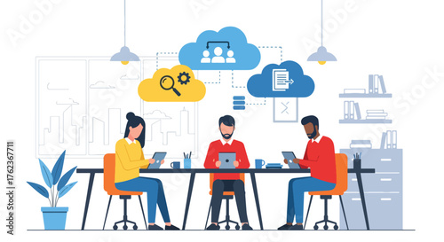 Vector art of office workers using cloud technology for teamwork and data sharing, symbolizing digital collaboration, online productivity, and modern business communication in a connected workspace
