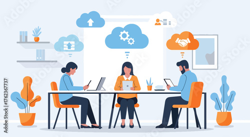 Vector art of office workers using cloud technology for teamwork and data sharing, symbolizing digital collaboration, online productivity, and modern business communication in a connected workspace