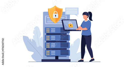 Vector art of an IT specialist monitoring cybersecurity on a computer with secure servers and data protection icons, representing online safety, privacy, and digital network security management