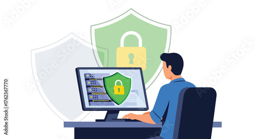 Vector art of an IT specialist monitoring cybersecurity on a computer with secure servers and data protection icons, representing online safety, privacy, and digital network security management