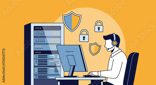 Vector art of an IT specialist monitoring cybersecurity on a computer with secure servers and data protection icons, representing online safety, privacy, and digital network security management