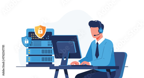 Vector art of an IT specialist monitoring cybersecurity on a computer with secure servers and data protection icons, representing online safety, privacy, and digital network security management