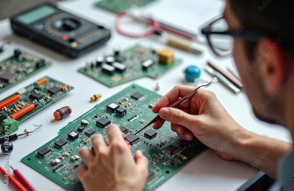 Obraz premium Expert tech repairs circuit board with tools. Person works on electronics components at the table. Repairman fixes microchip with tweezers in workshop.