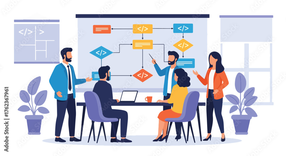 Fototapeta premium Vector art of a business team discussing a software development process with a flowchart on a whiteboard, symbolizing project management, teamwork, and collaboration in technology and innovation