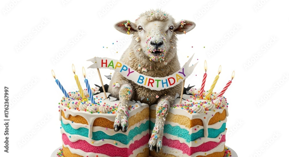 Naklejka premium sheep bursting out of a birthday cake on a solid white background, dessert, celebration