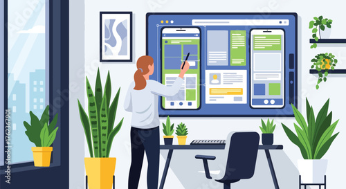 Vector art of a designer working on a tablet creating a mobile app interface in a modern home office, representing creativity, UI design, and digital innovation in technology development
