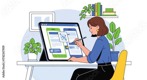 Vector art of a designer working on a tablet creating a mobile app interface in a modern home office, representing creativity, UI design, and digital innovation in technology development