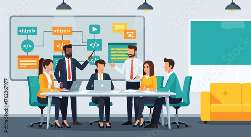 Vector art of a business team discussing a software development process with a flowchart on a whiteboard, symbolizing project management, teamwork, and collaboration in technology and innovation