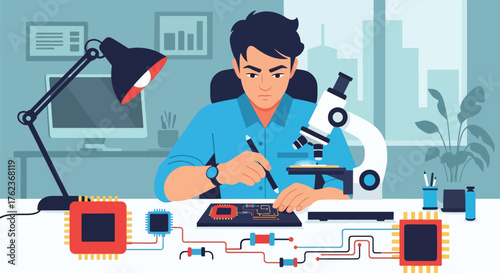 Vector art of an engineer working on an electronic circuit with a microscope in a modern lab, representing innovation, research, and technology development in science and engineering education