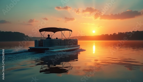 Pontoon boat with passengers cruises calm lake water. Golden sun slowly sets behind distant tree line. Brilliant orange sky beautifully reflects on water surface. Evening boat ride offers truly