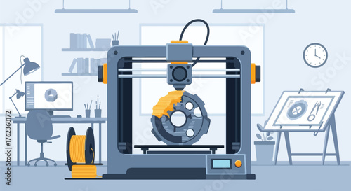 Vector art of a 3D printer creating a mechanical part in a modern workshop, illustrating innovation, product design, and advanced manufacturing technology for engineering or education concepts