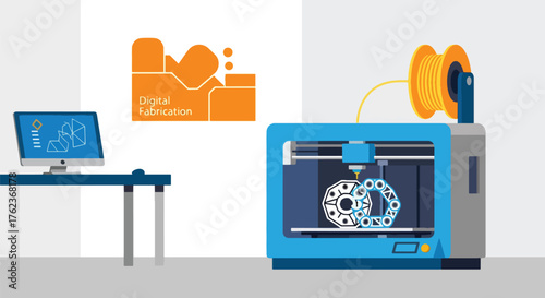 Vector art of a 3D printer creating a mechanical part in a modern workshop, illustrating innovation, product design, and advanced manufacturing technology for engineering or education concepts