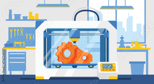 Vector art of a 3D printer creating a mechanical part in a modern workshop, illustrating innovation, product design, and advanced manufacturing technology for engineering or education concepts