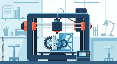 Vector art of a 3D printer creating a mechanical part in a modern workshop, illustrating innovation, product design, and advanced manufacturing technology for engineering or education concepts