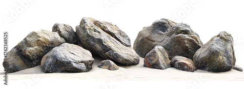 A collection of large and small rough textured rocks resting on a bed of fine white sand, high-quality PNG cutout with transparent or white background