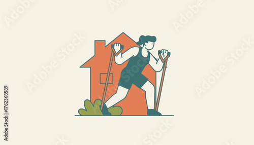 Woman performing a nordic walking workout at home, staying active and maintaining fitness indoors amidst a simple house illustration, emphasizing wellness and healthy lifestyle