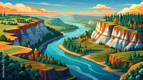  Very beautiful aerial view of the Buffalo National River winding through northern Arkansas, surrounded by limestone cliffs, dense forests, and tranquil waters reflecting the sky.