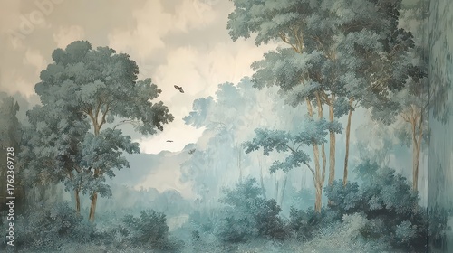 Wall painting with classic forest image in the interior for home decor and wall art. Calm composition for relaxation and rest