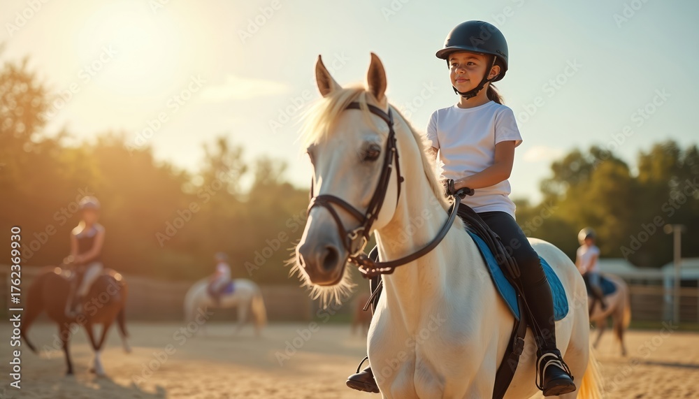 Fototapeta premium Young girl in helmet rides white horse during lesson at sunny equestrian school. Other children train ponies on sand arena. Outdoor animal sport activity for kids.
