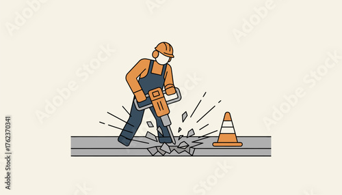 Construction worker wearing hard hat and safety gear using a jackhammer to break up concrete pavement on a road with a safety cone present, depicting demolition or road work