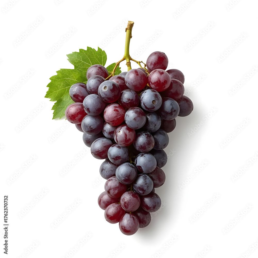 Fototapeta premium A ripe bunch of dark red grapes with a green leaf, isolated on white background