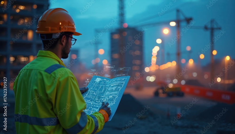 Obraz premium Civil engineer studies blueprint on twilight construction site with holographic data projection. Future building project plans and urban infrastructure management.
