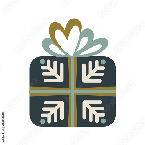 Charming Christmas gift with nordic snowflake decor. Festive hand-drawn present with winter details for holiday cards, banner, flyers, seasonal design Scandinavian vector illustration isolated