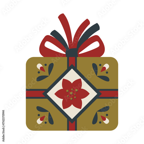 Charming Christmas gift. Festive hand-drawn present with rustic details for holiday cards, banner, flyers, winter decor Nordic vector illustration isolated on white background