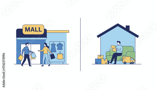 Consumers are choosing between traditional retail shopping in a store or modern e commerce buying products from home for convenient delivery services, illustrating different purchasing habits