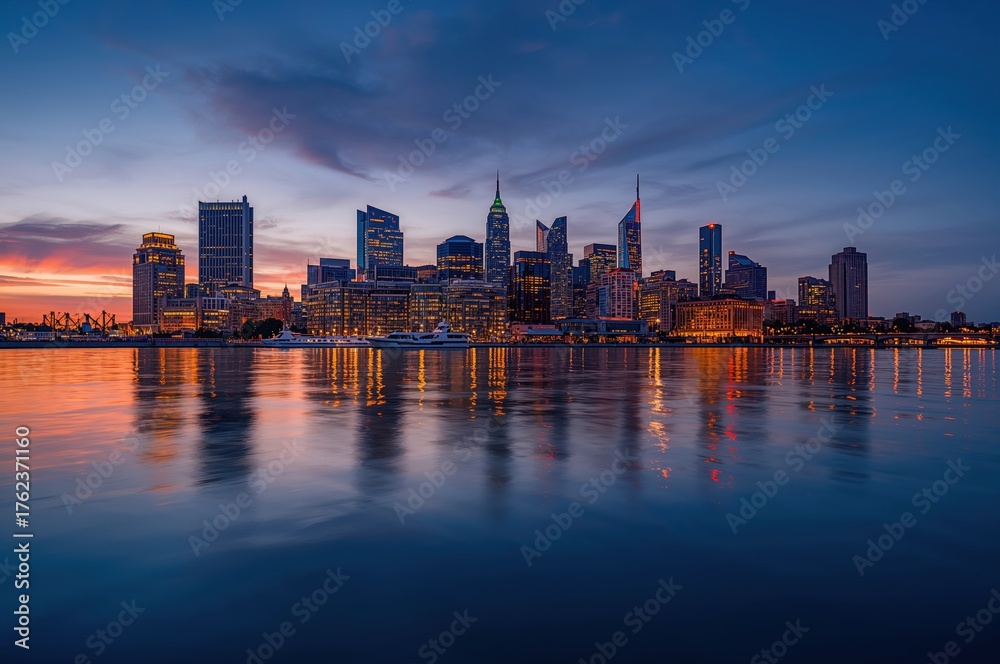 Fototapeta premium City skyline glows over calm twilight water in serene balanced reflection