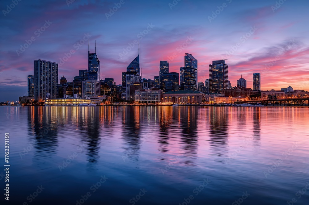 Fototapeta premium City skyline glows over calm twilight water in serene balanced reflection