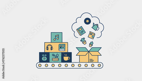 Digital illustration of product icons headphones, books, plants, coffee cups, music notes moving on a conveyor belt into an open delivery box, symbolizing e commerce logistics