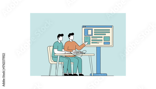 Two male developers are collaborating effectively, presenting a new web page or user interface design on a large screen, working together at an office desk