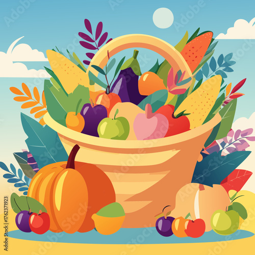 Thanksgiving Harvest Basket and Cornucopia Collection — Colorful Autumn Fruit and Vegetable Vector